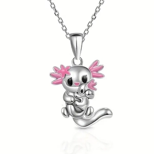 Cartoon axolotl mother and baby pendant necklace with pink enamel details on silver chain