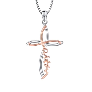 Two-tone silver and rose gold cross necklace featuring the engraved word faith