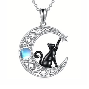 Celestial crescent moon and black cat necklace featuring moonstone and Celtic knots