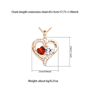 Collar de doble corazón en oro rosa con gema roja y grabado I love you para mujer