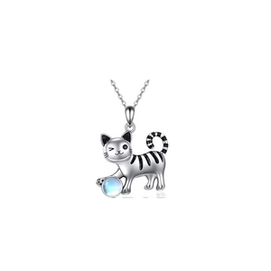 Collar con colgante de gato lindo con piedra de luna azul y cadena de plata fina