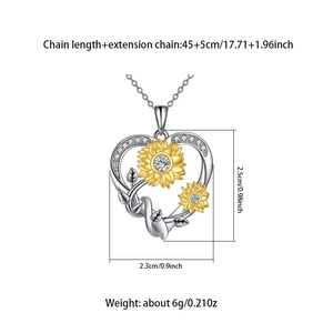 Detail of heart sunflower pendant showing dimensions 2.5x2.3cm and 45+5cm chain length