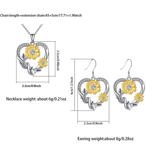 Detailed dimensions of heart sunflower necklace and earrings set with crystal details
