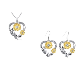 Sunflower heart necklace and earrings set with crystal accents on a white background