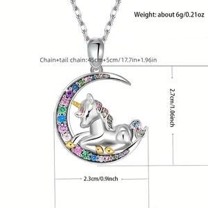Collana luna unicorno argento con cristalli colorati e catena regolabile 45+5cm
