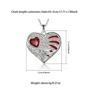 Silver Angel Wings Heart Necklace with Red Rhinestones and Enamel, 45cm Chain Length