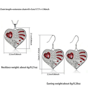 Detailed size chart for red heart angel wing necklace and earrings set dimensions