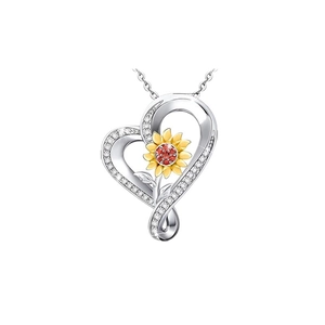 Fashionable sunflower heart necklace with sparkling diamonds and a ruby-colored center stone