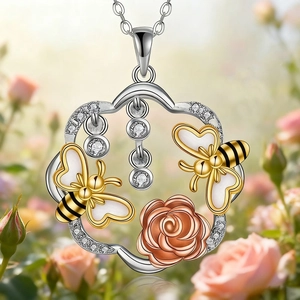 Lussuosa Collana Con Ciondolo Ape Rosa Cuore in Lega Zirconia Orecchini Set Gioielli Placcato Oro Argento Regalo San Valentino Donna