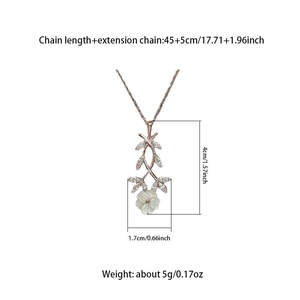 Exquisite rose gold flower necklace with shell petal and sparkling crystal leaf pendant