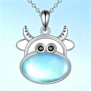 Detail view of cartoon cow necklace featuring moonstone gem and fine silver-colored chain