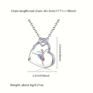 Ballet dancer heart pendant necklace with colorful crystals and 45cm adjustable chain