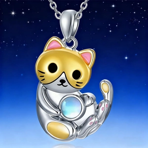 Collana Con Pendente Gatto Cartoon Che Abbraccia Pietra Di Luna In Lega Smalto Rosa Gioielli Per Donne Ragazze Regalo