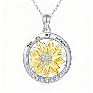 Collier tournesol en argent avec gravure You are my sunshine et cristaux brillants