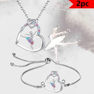 Elegant Alloy Rhinestone Heart Ballet Girl Jewelry Set With Necklace Bracelet Silver Dancing Girl Silhouette Jewelry For Women Girls Birthday Gift