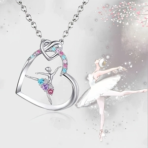 Silver ballet heart necklace with colorful crystals and ballerina pendant design