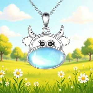 Cute Cow Pendant Necklace Earrings Set Alloy Synthetic Moonstone Rhinestone Clavicle Chain Jewelry For Women Girls Gift