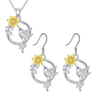 Schmuckset mit Kolibri und Sonnenblume aus Silber Rundanhänger Halskette und Ohrringen