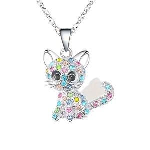 Cute cat pendant necklace featuring colorful rhinestones on a polished silver chain