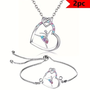 Silver ballet dancer heart necklace and bracelet set with colorful crystals