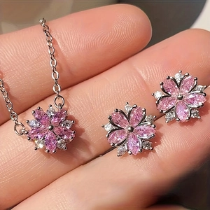 Romantic Cherry Blossom Jewelry Collection For Women Zinc Alloy Pink Rhinestone Flower Necklace Earrings Ring Accessory Gift
