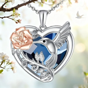 Romantische Herz Kolibri Rose Anhänger Halskette Versilberte Legierung Blau Kristall Herz Kette Damen Schmuck Geschenk