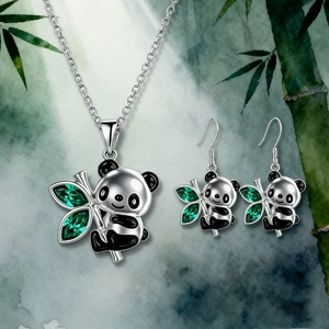 Juego de Joyas de Collar y Pendientes de Aleación con Diamantes de Imitación Panda Bambú Colgante de Animal de Esmalte Plateado