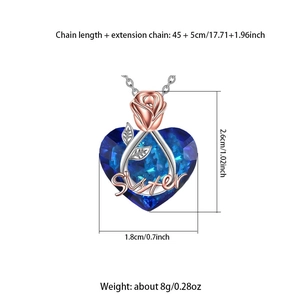 Collana a cuore bicolore per sorelle con rosa e cristallo blu scintillante