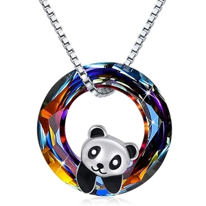 Collier avec pendentif anneau en cristal coloré et panda mignon sur chaîne boîte