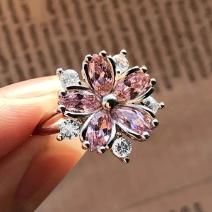Pink cherry blossom flower ring with marquise cut stones and silver metal setting