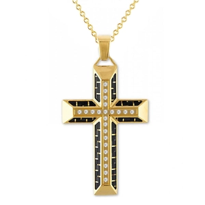 Collana con ciondolo a croce dorata vintage con inserto in rete nera e cristalli