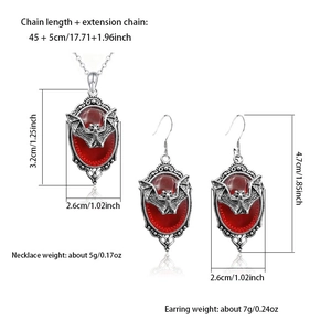 Gothic vampire bat necklace set with red gems and detailed size measurements
