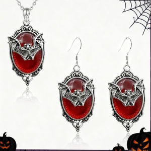 Gothic Bat Pendant Necklace Earrings Jewelry Set Retro Halloween Vampire Dark Style Red Black Resin Alloy Jewelry For Women Party