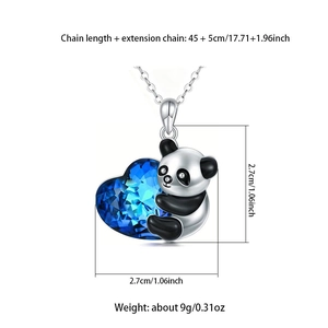 Panda heart necklace with blue crystal pendant and silver cross chain for women