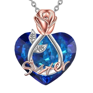 Collana con cuore in cristallo blu con rosa e incisione Sister regalo donna