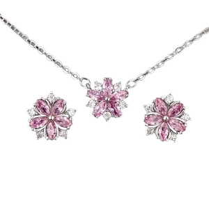 Pink cherry blossom jewelry set with necklace and stud earrings in silver plating