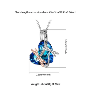 Elegant Heart of Ocean blue crystal necklace with two dragonflies and I love you engraving