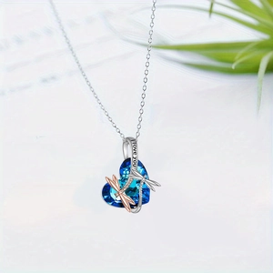 Elegant heart crystal dragonfly necklace with I Love You engraving on silver chain