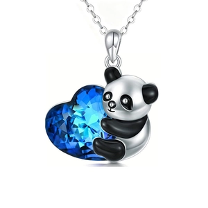 Charming panda heart pendant necklace with blue crystal and silver chain link
