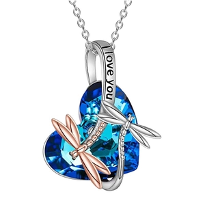 Elegant Heart of the Sea crystal necklace with dragonflies and I love you engraving