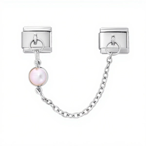 Italian charm bracelet safety chain with pink pearl bead and stainless steel links