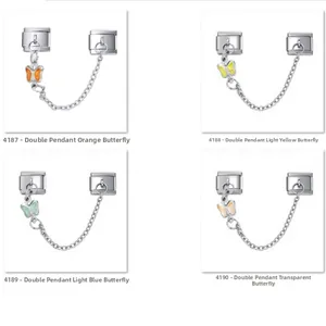 Italian charm bracelet links featuring colorful stainless steel butterfly pendants