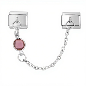9mm Italian charm bracelet safety chain with pink gemstone in silver finish