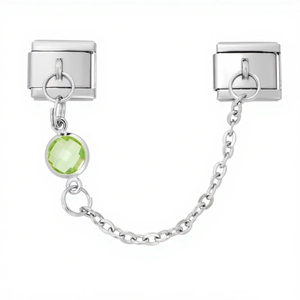 Italian charm bracelet safety chain module with polished silver finish and green gemstone