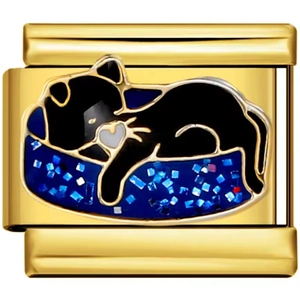 Italian charm bracelet link featuring a black sleeping cat and blue heart enamel design