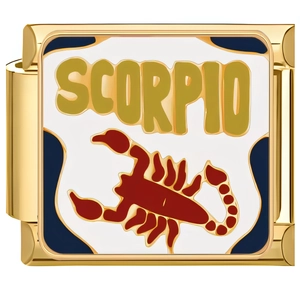 Italian charm link featuring golden Scorpio text and red scorpion on enamel finish