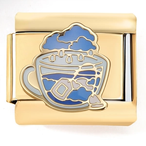 Italian charm bracelet link with 18K gold finish featuring blue enamel waves and clouds