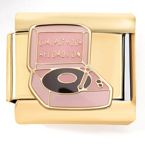 Italian charm link in 18K gold stainless steel featuring a pink record player design