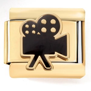 Abalorio modular italiano de acero dorado con cámara de cine en esmalte negro