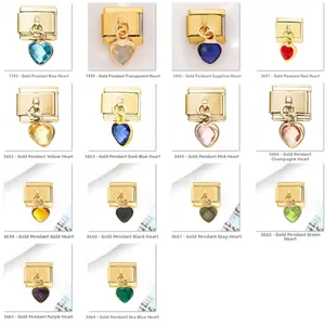 Lien Charm Italien 9mm en Acier Inoxydable Plaqué Or Pendentif Cœur Pierre Gemme DIY Bracelet Modulaire Bijoux Femme Cadeau